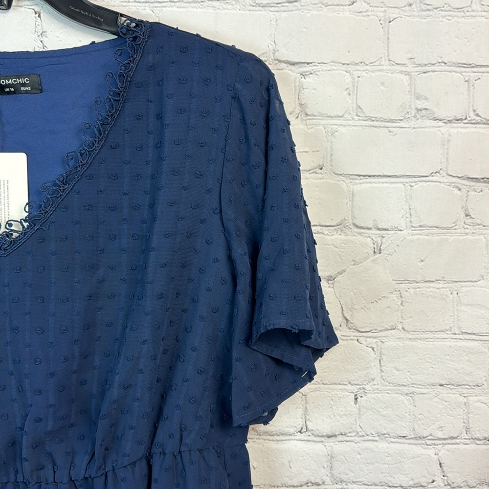 BloomChic Elegant Navy Blue V Neck Dot Dress Size Large - Picture 3 of 8